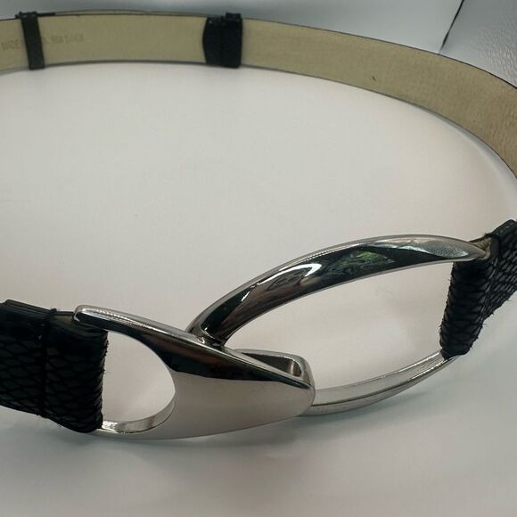 WHBM Black Leather Belt with Silver Buckle Detail Size M/L NWOT - Picture 2 of 8